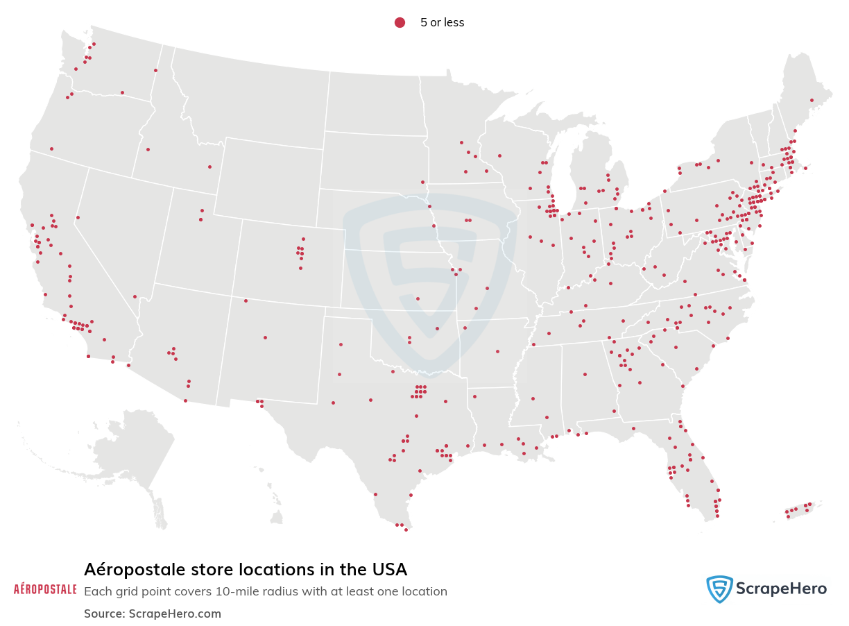 Map of Aéropostale stores in the United States