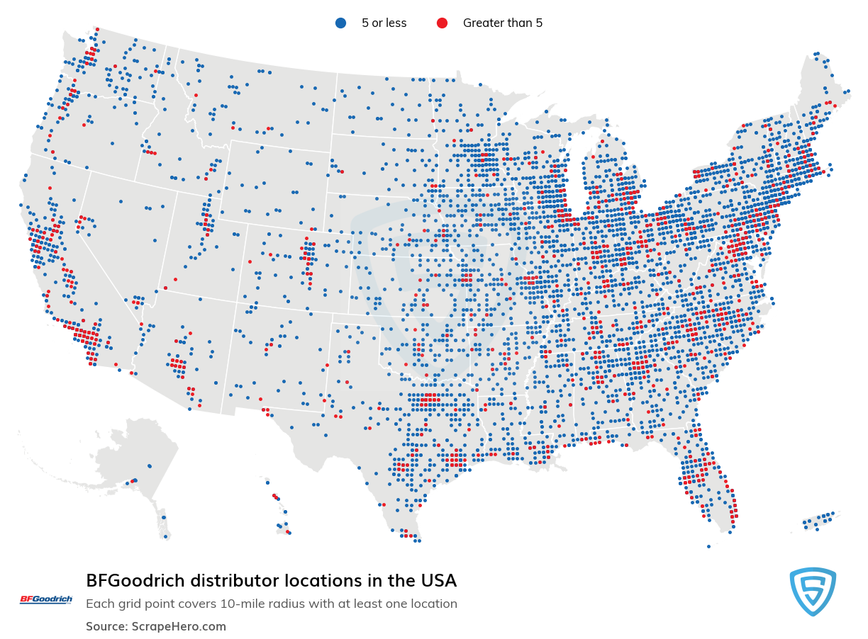 Map of BFGoodrich distributors in the United States