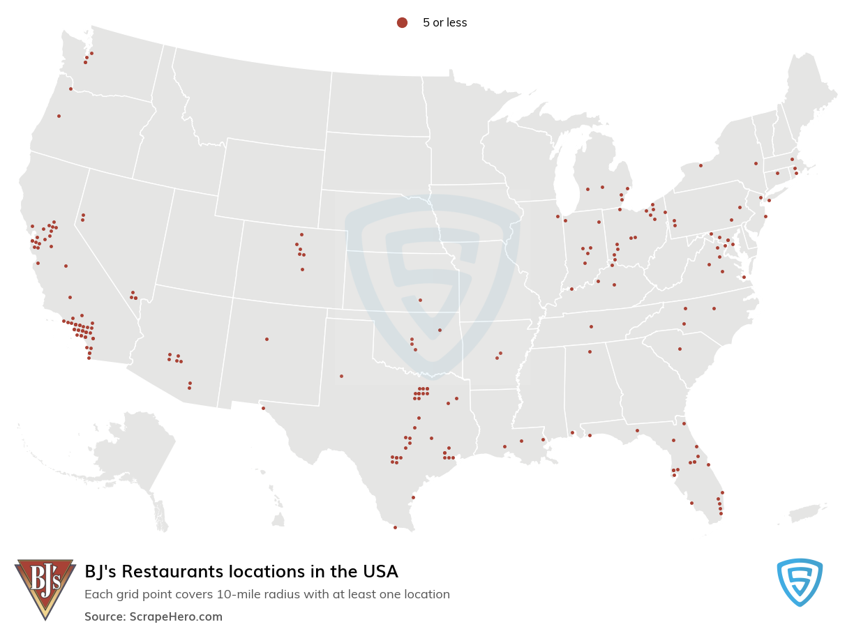 Map of BJ's Restaurants locations in the United States