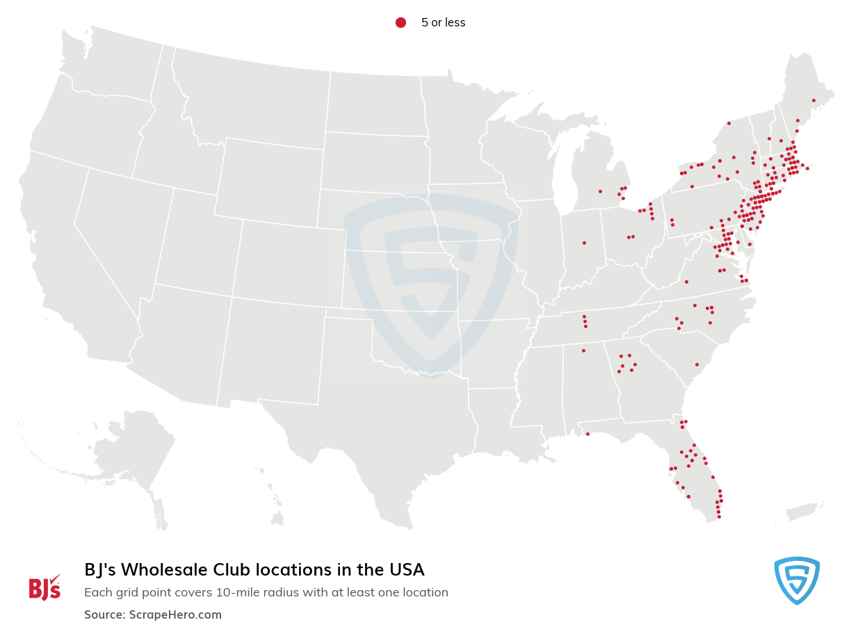 Map of BJs Wholesale Club locations in the United States