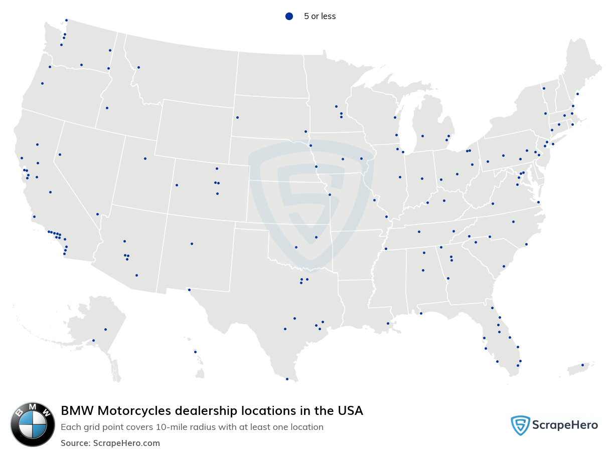 Map of BMW Motorcycles dealerships in the United States