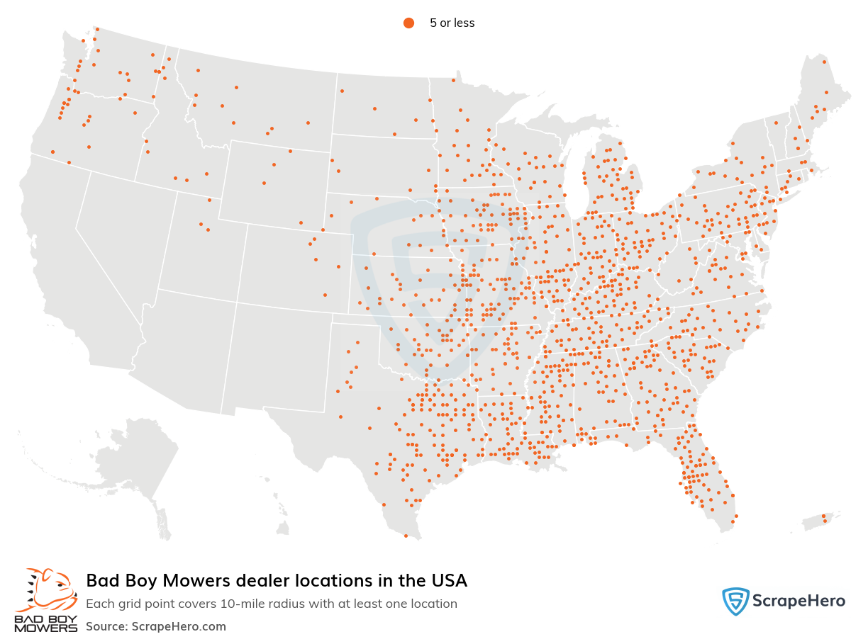 Map of Bad Boy Mowers dealers in the United States