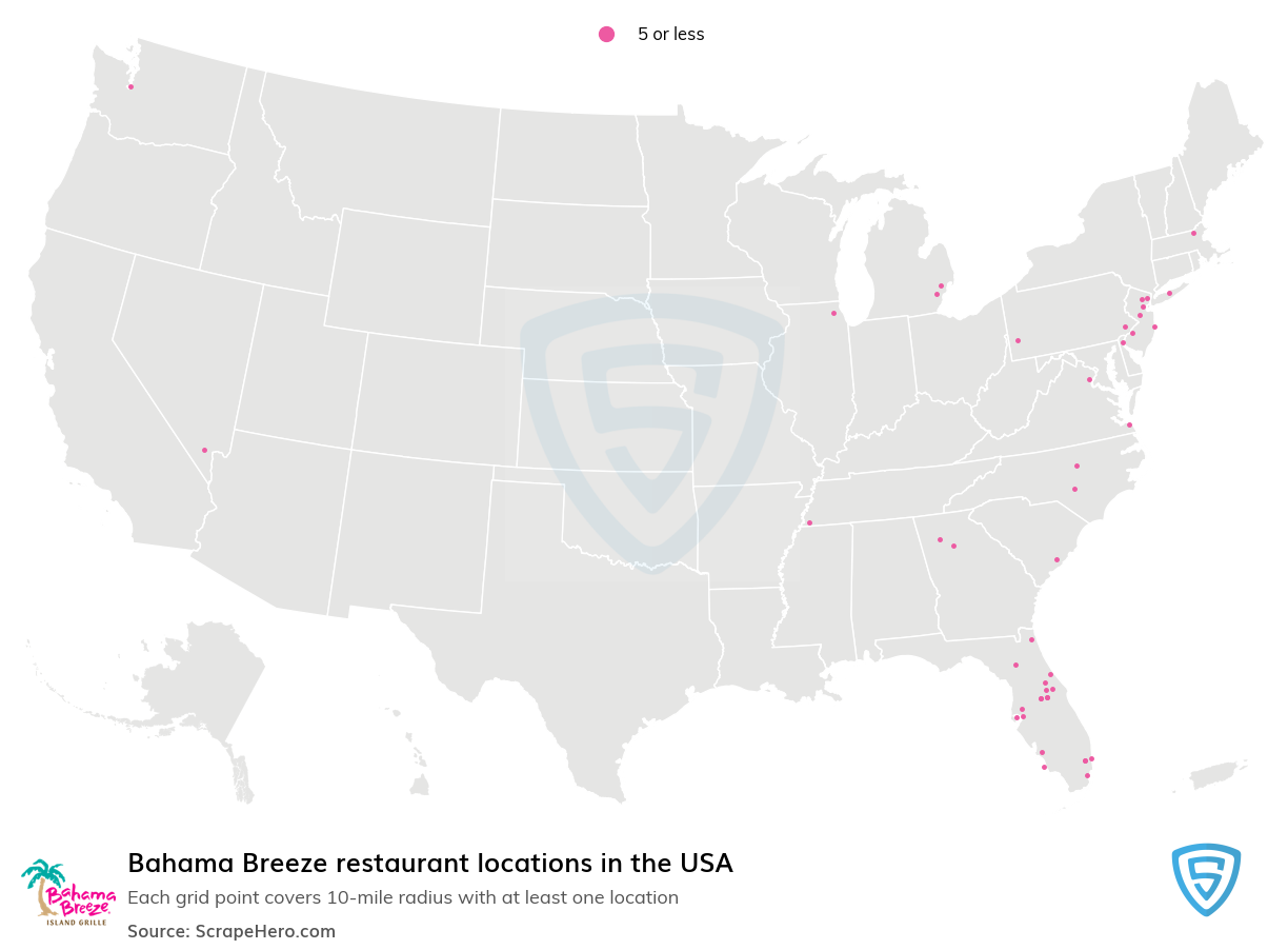 Map of Bahama Breeze restaurants in the United States