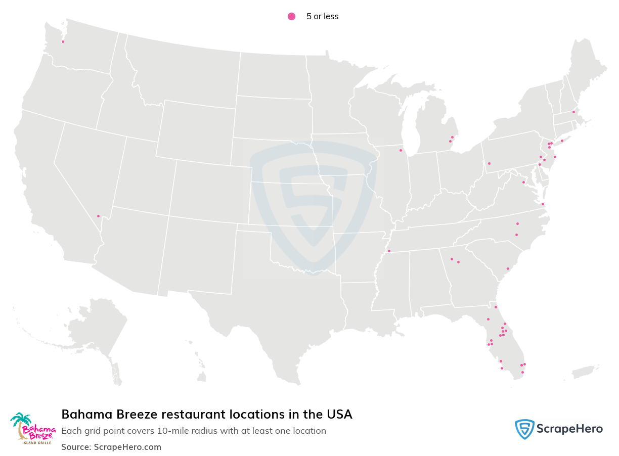 Map of Bahama Breeze restaurants in the United States