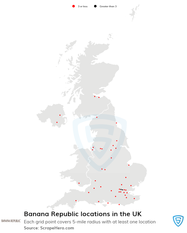 Map of Banana Republic retail stores in the United Kingdom