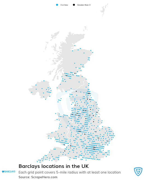 Map of Barclays locations in the United Kingdom in 2022