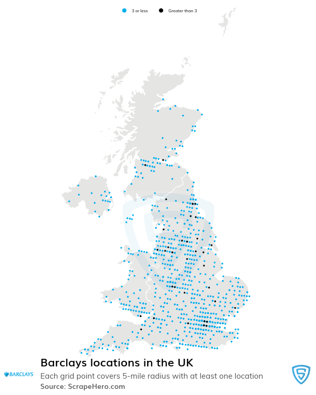 Map of Barclays banks in the United Kingdom