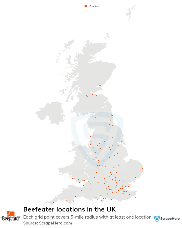 Map of Beefeater stores in the United Kingdom
