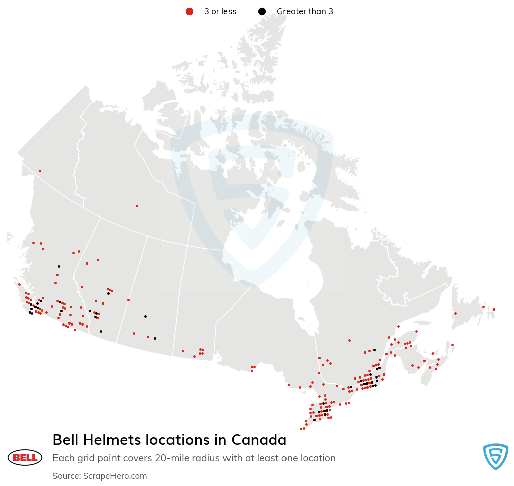 Map of Bell Helmets dealerships in Canada