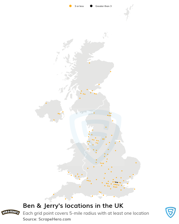Map of Ben & Jerry's stores in the United Kingdom
