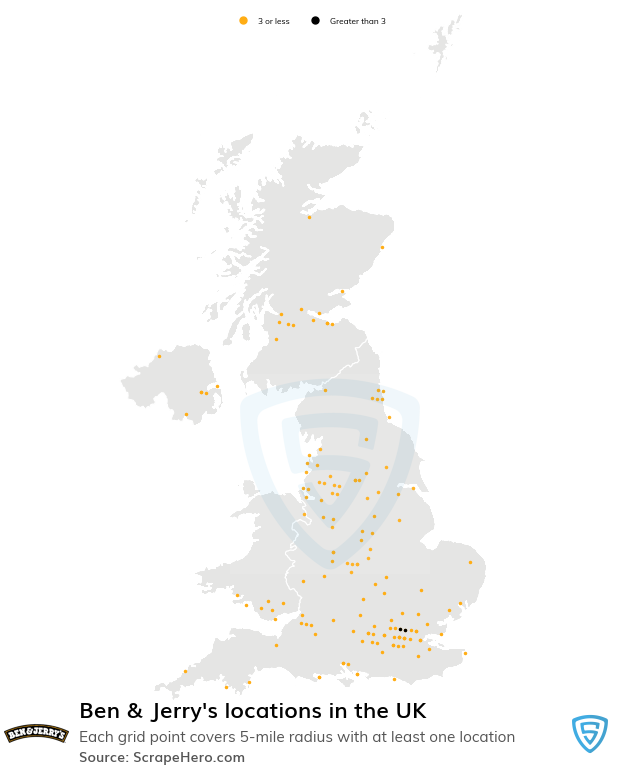 Map of Ben & Jerry's locations in the United Kingdom