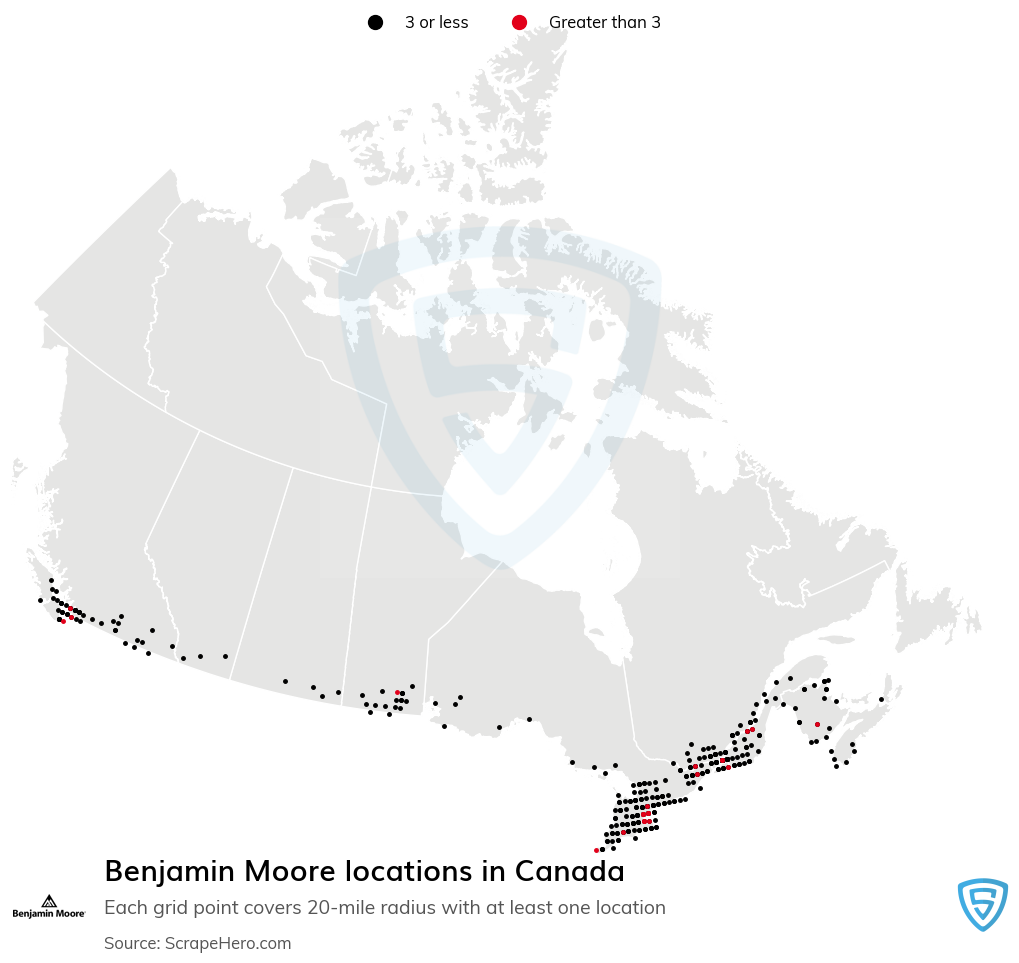 Map of Benjamin Moore locations in Canada in 2022