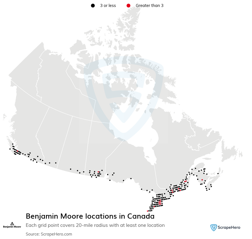 Map of Benjamin Moore stores in Canada