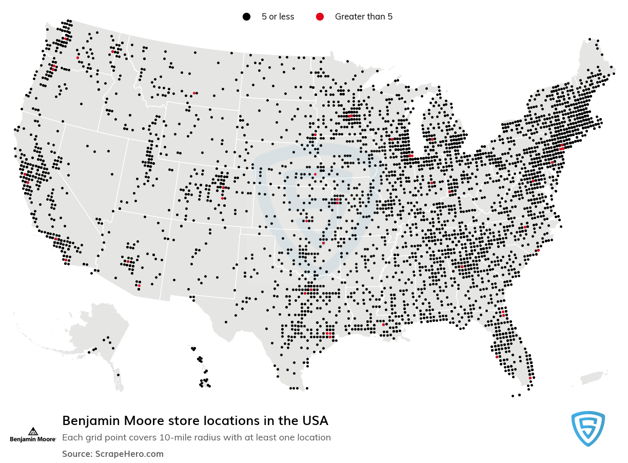 Map of Benjamin Moore stores in the United States