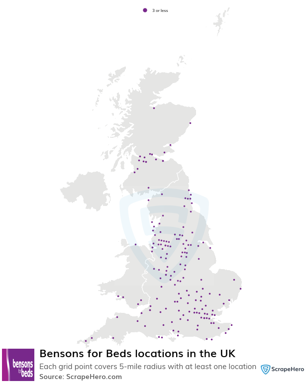 Map of Bensons for Beds stores in the United Kingdom
