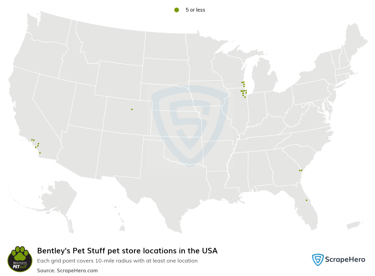 Map of Bentley's Pet Stuff pet stores in the United States