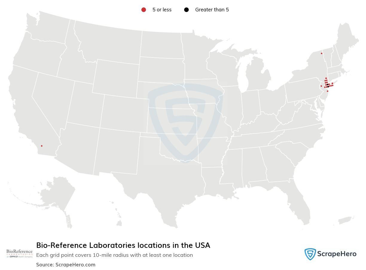 Map of Bio-Reference Laboratories locations in the United States