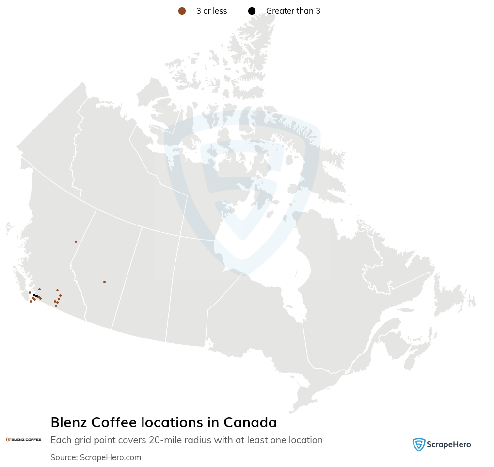 Map of Blenz Coffee locations in Canada