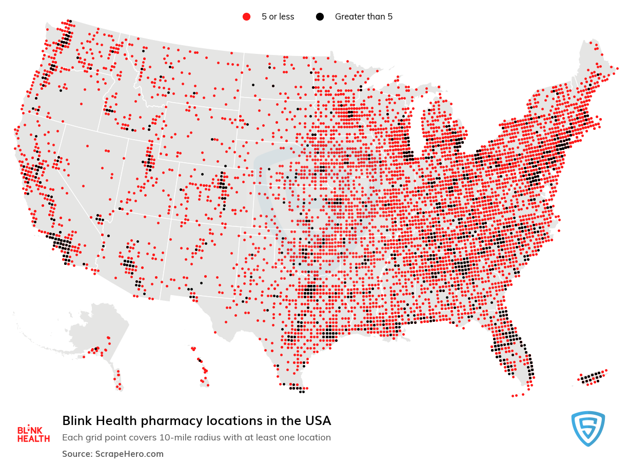 Map of Blink Health pharmacies in the United States