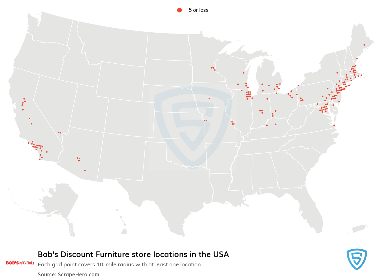 Map of Bob's Discount Furniture locations in the United States in 2022