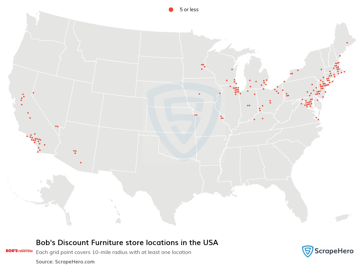 Map of Bob's Discount Furniture stores in the United States