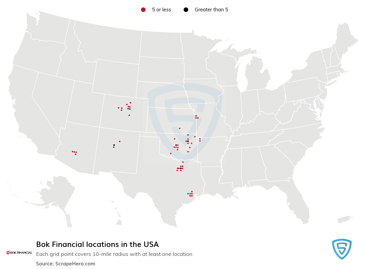 Map of Bok Financial locations in the United States
