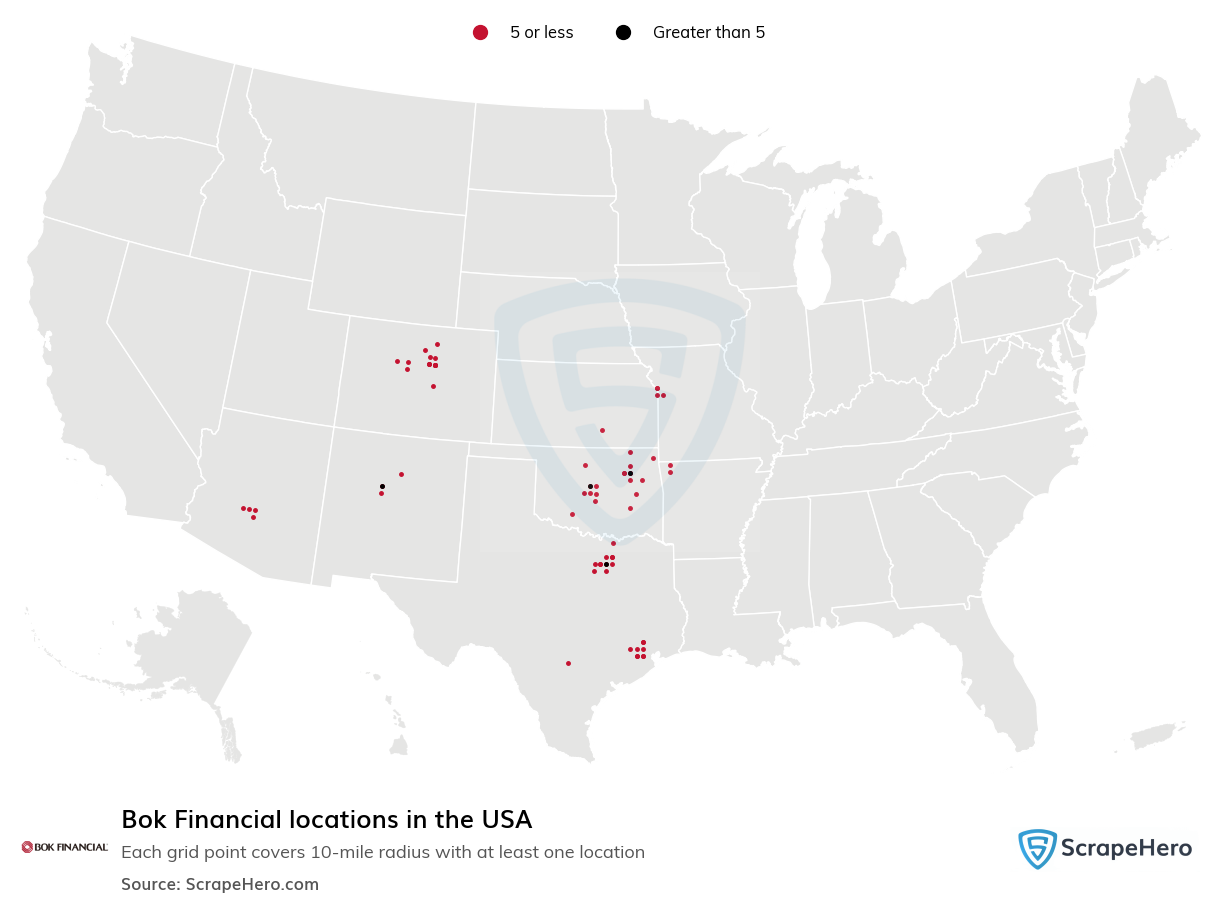 Map of Bok Financial locations in the United States