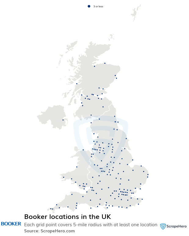 Map of Booker stores in the United Kingdom