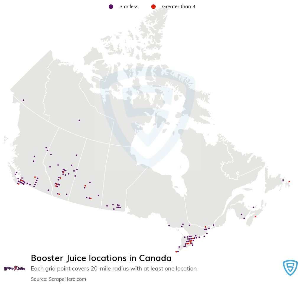 Map of Booster Juice locations in Canada in 2022