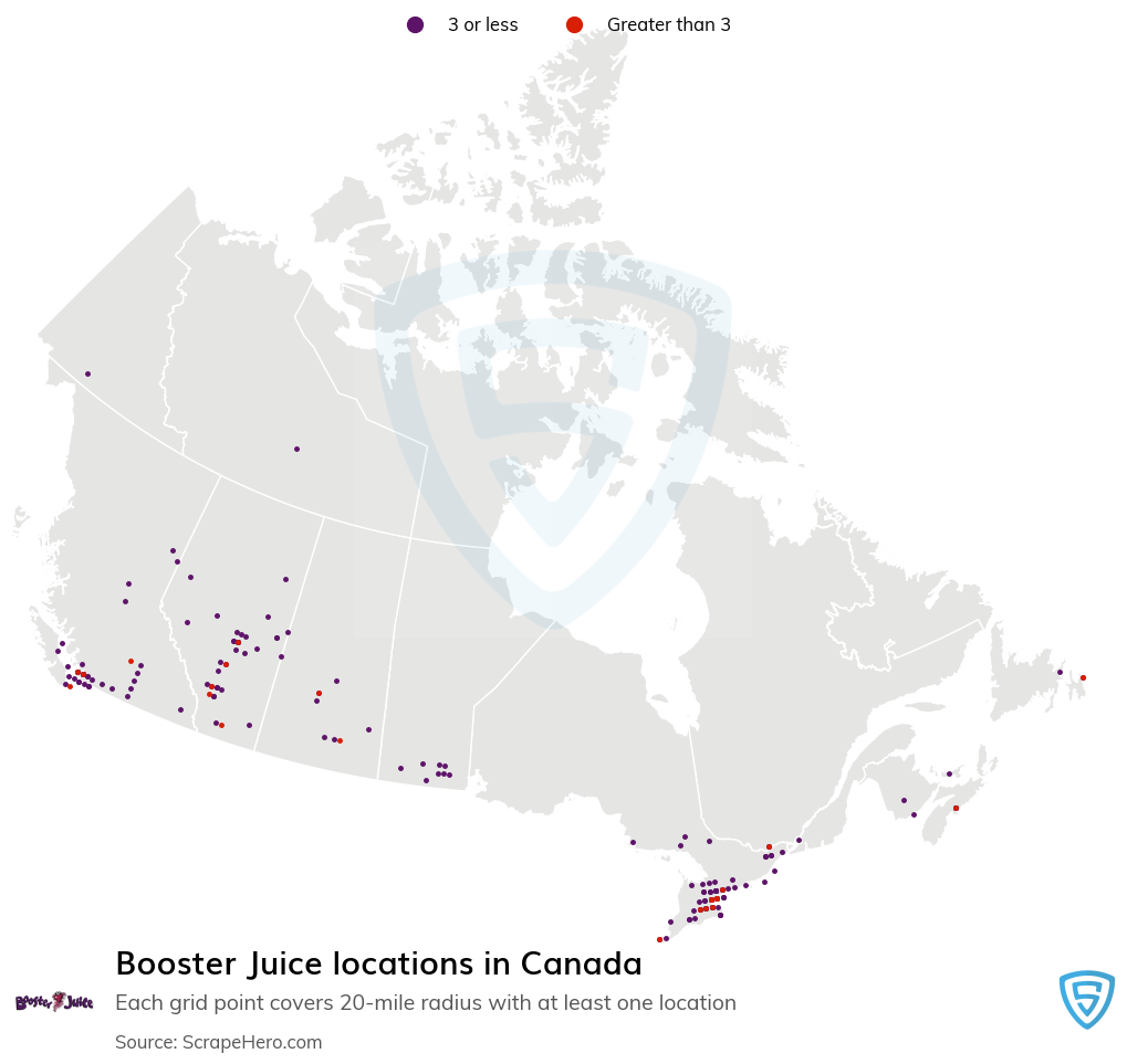 Map of Booster Juice locations in Canada