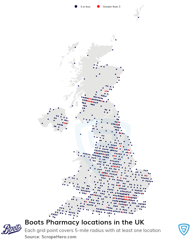 Map of Boots Pharmacy locations in the United Kingdom