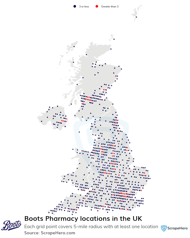 Map of Boots Pharmacy locations in the United Kingdom