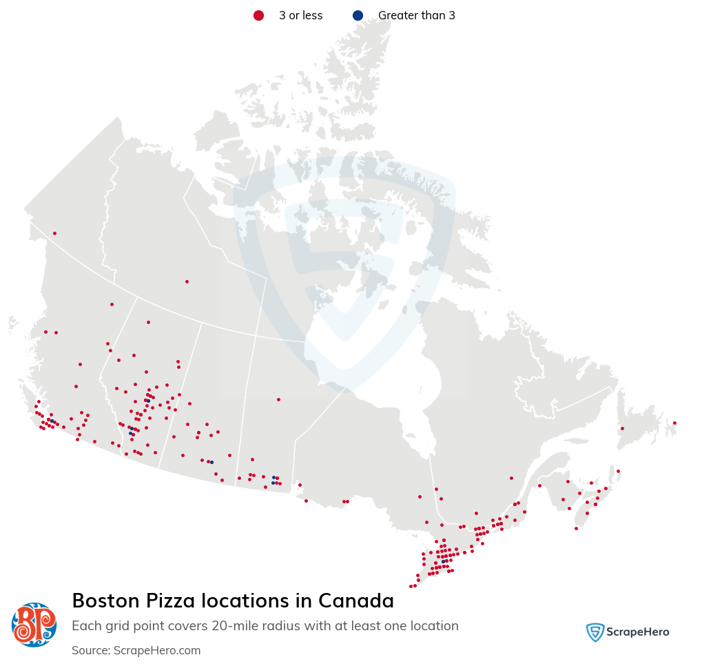 Map of Boston Pizza locations in Canada