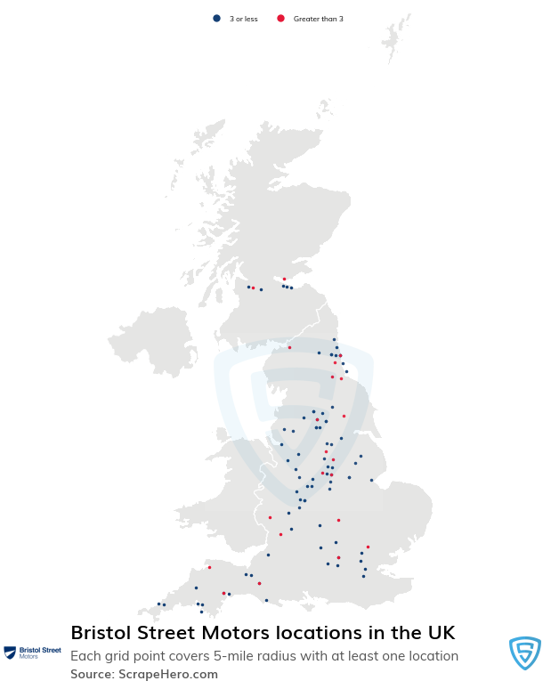 Map of Bristol Street Motors dealerships in the United Kingdom