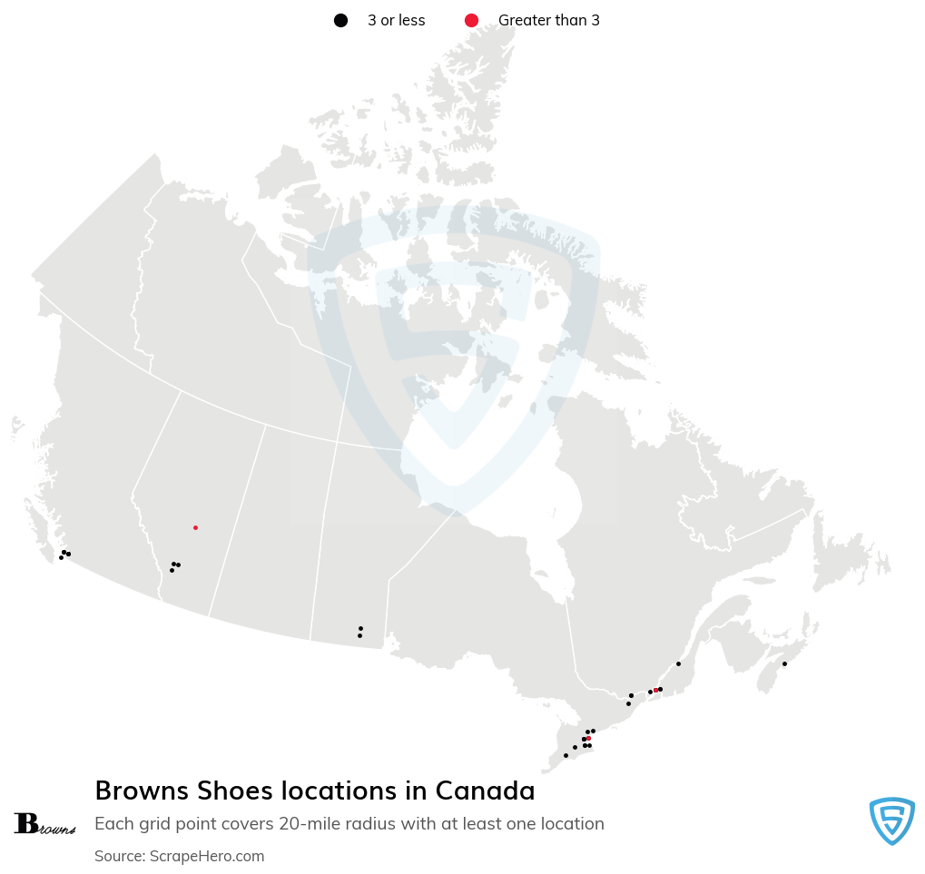 Map of Browns Shoes stores in Canada