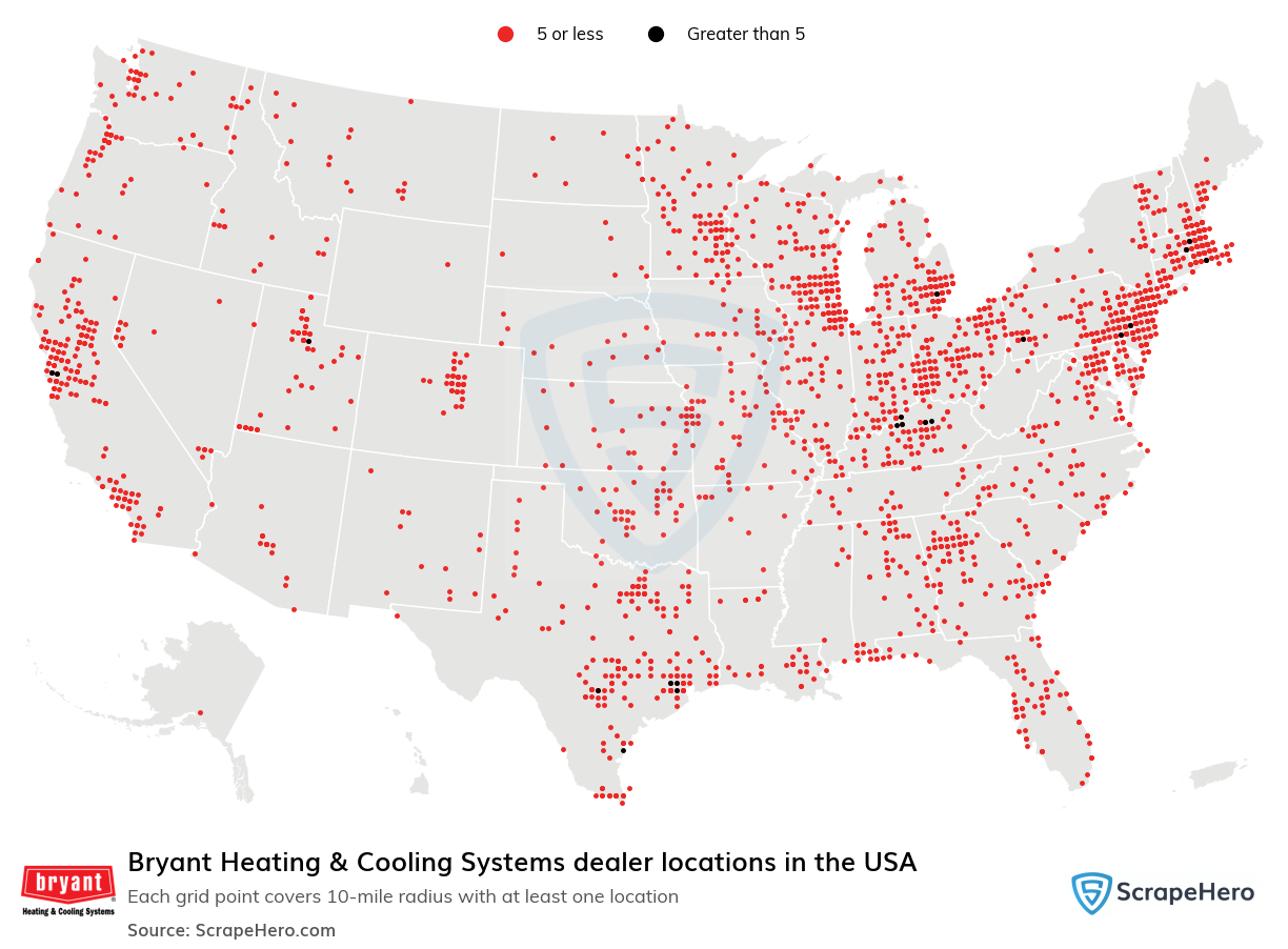 Map of Bryant Heating & Cooling Systems dealers in the United States