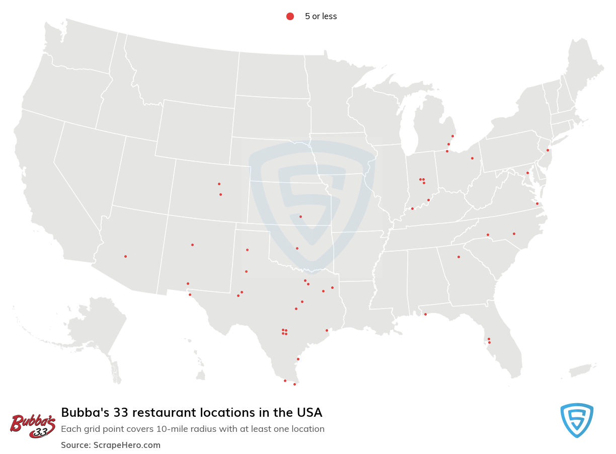 Map of Bubba's 33 restaurants in the United States