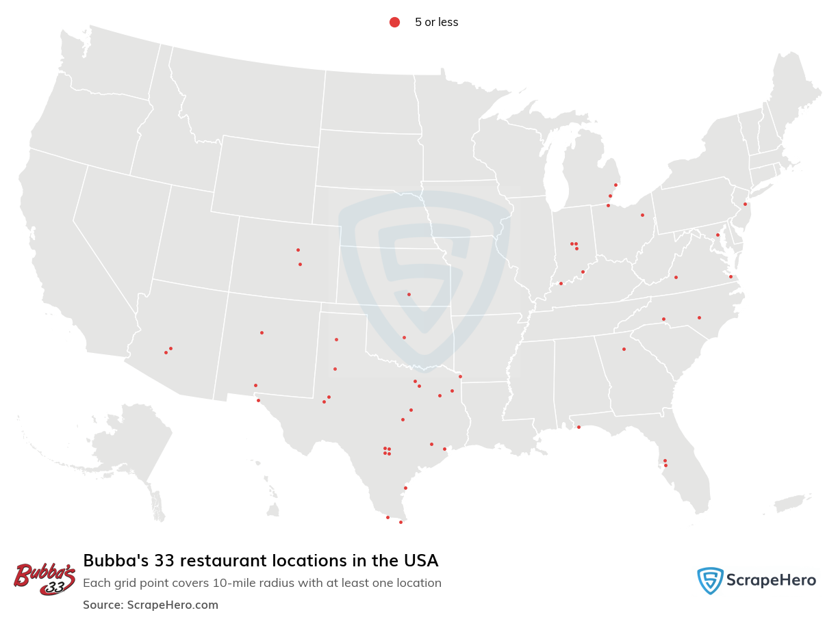 Map of Bubba's 33 restaurants in the United States