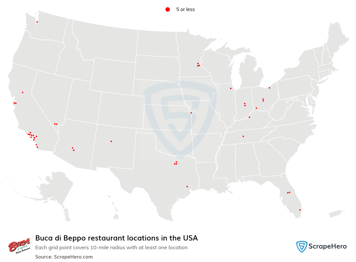 Map of Buca di Beppo restaurants in the United States