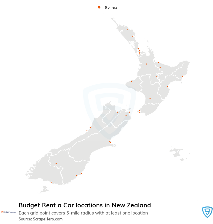 Map of Budget Rent a Car locations in New Zealand