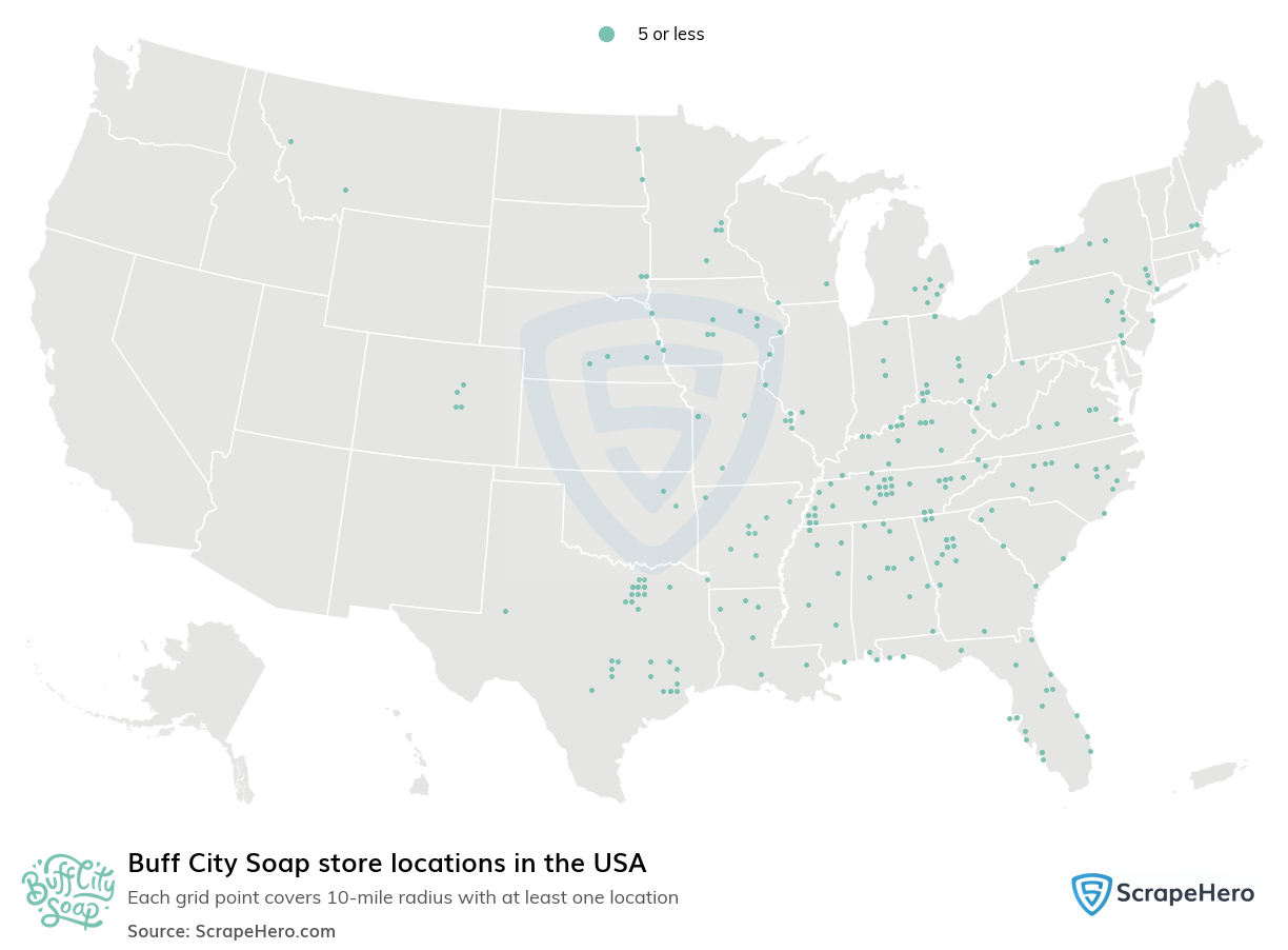 Map of Buff City Soap stores in the United States