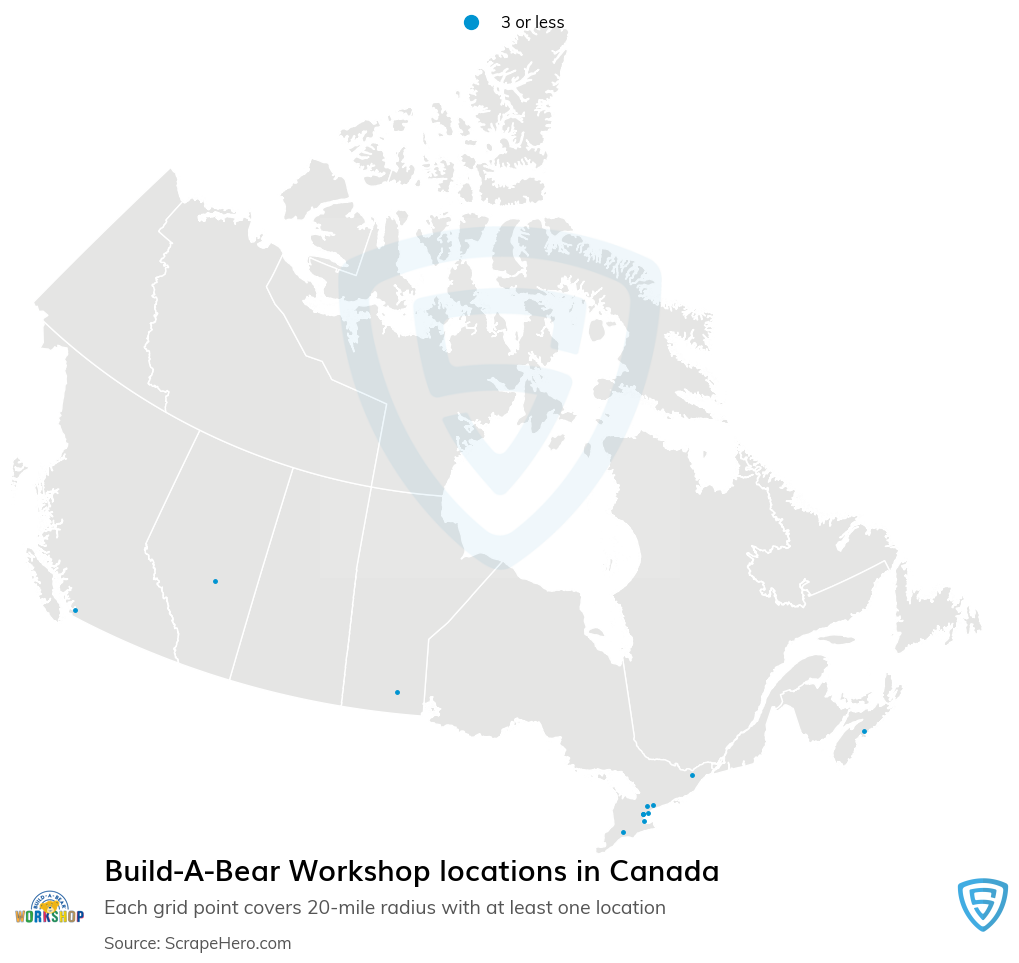 Map of Build-A-Bear Workshop stores in Canada