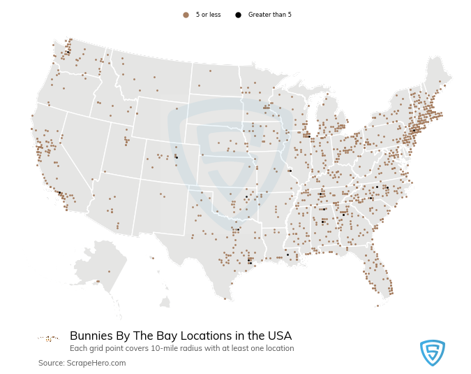 Map of Bunnies By The Bay locations in the United States in 2020