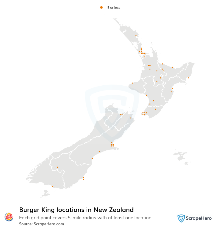 Map of Burger King restaurants in New Zealand