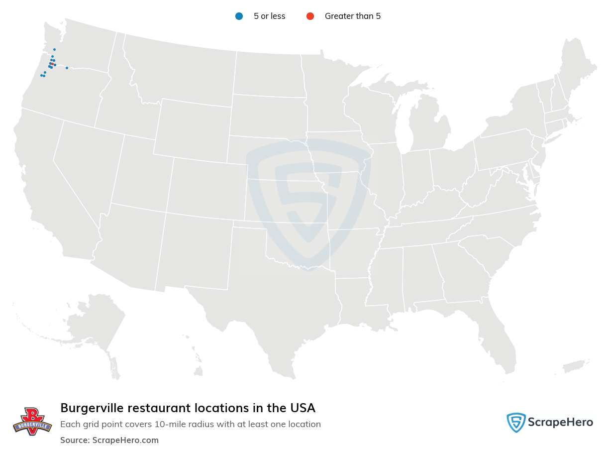 Map of Burgerville restaurants in the United States