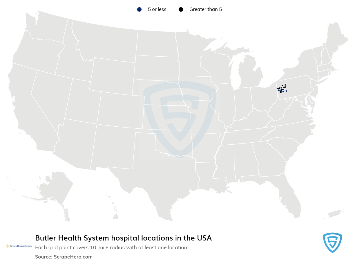 Map of Butler Health System hospitals in the United States