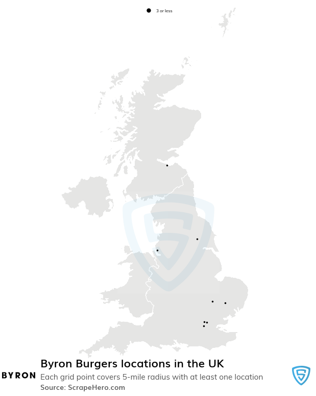 Map of Byron Burgers restaurants in the United Kingdom