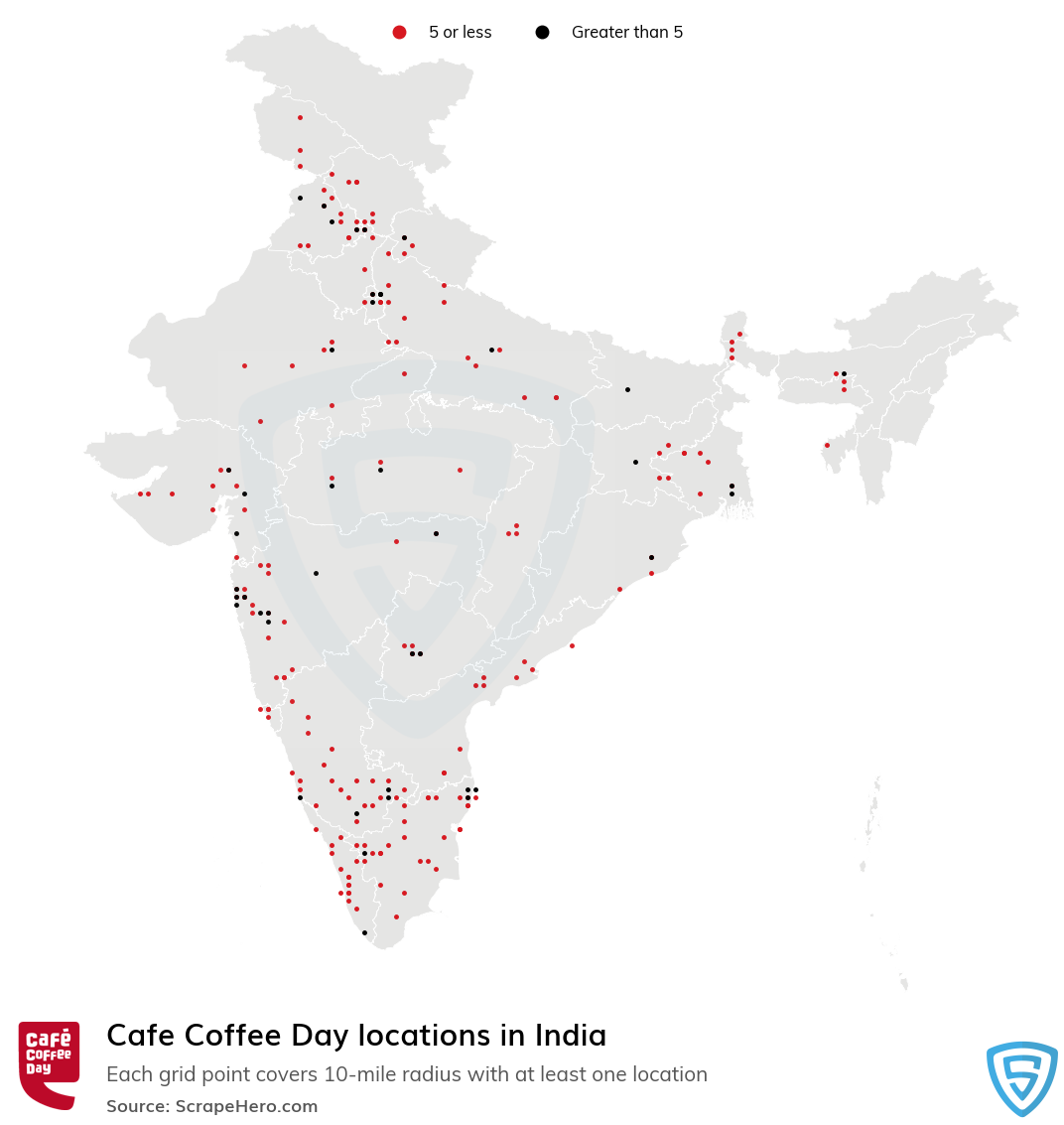 Map of Cafe Coffee Day stores in India