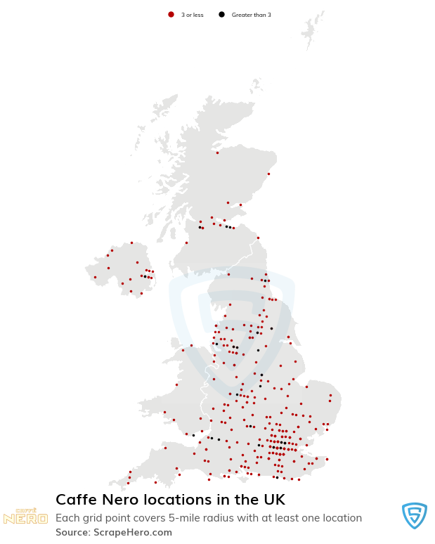 Map of Caffe Nero stores in the United Kingdom