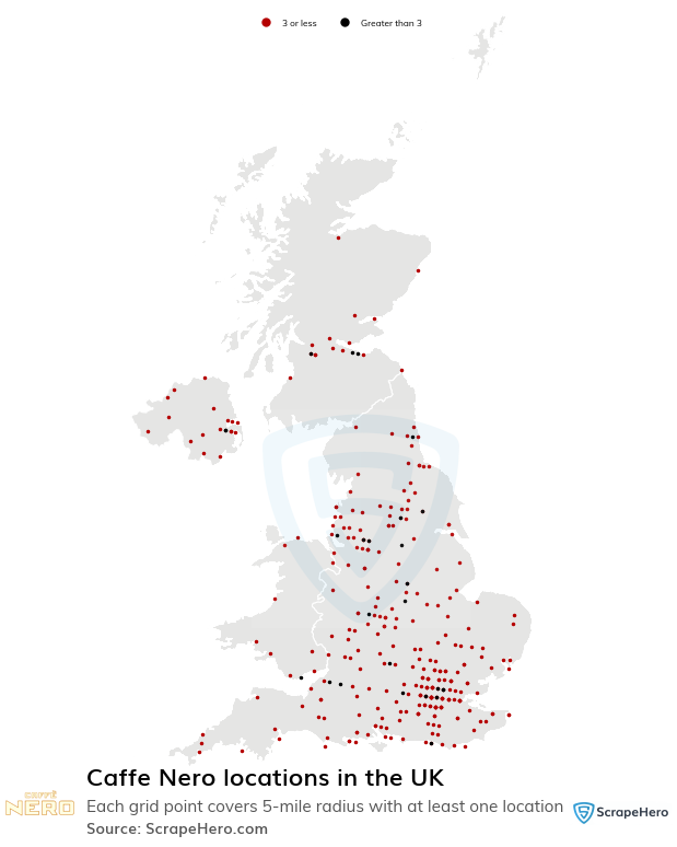 Map of Caffe Nero locations in the United Kingdom